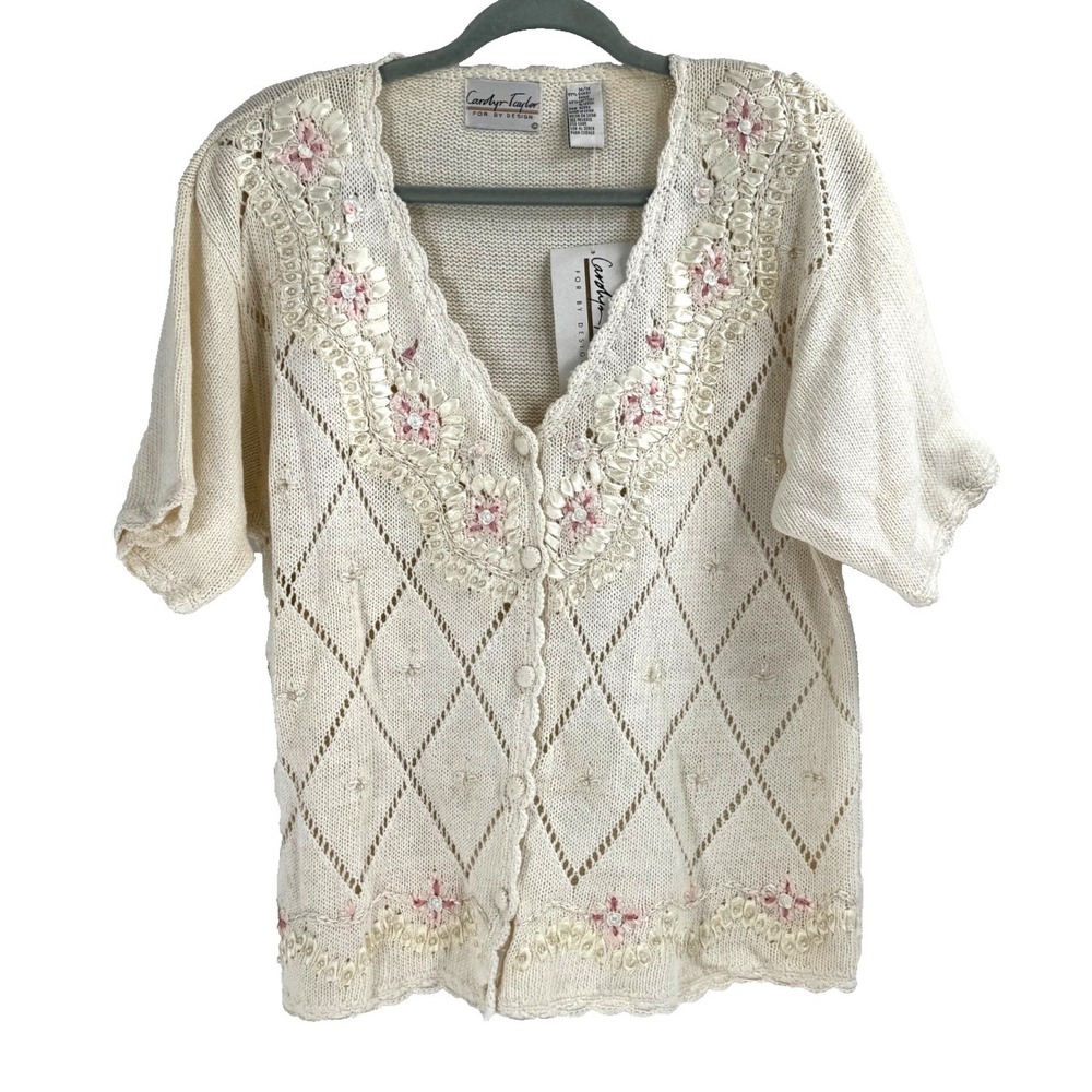 Carolyn Taylor Floral Embroidered Cardigan Sweater Womens M Granny Cottage Fairy